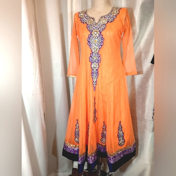 Halloween  Beaded Indian Maxi Dress, Orange, Purple floral, gold satin trim, L - Picture 1 of 12